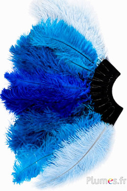 Waaier van struisvogelveren - 20 veren, zwart leer - blauw in kleurschakeringen